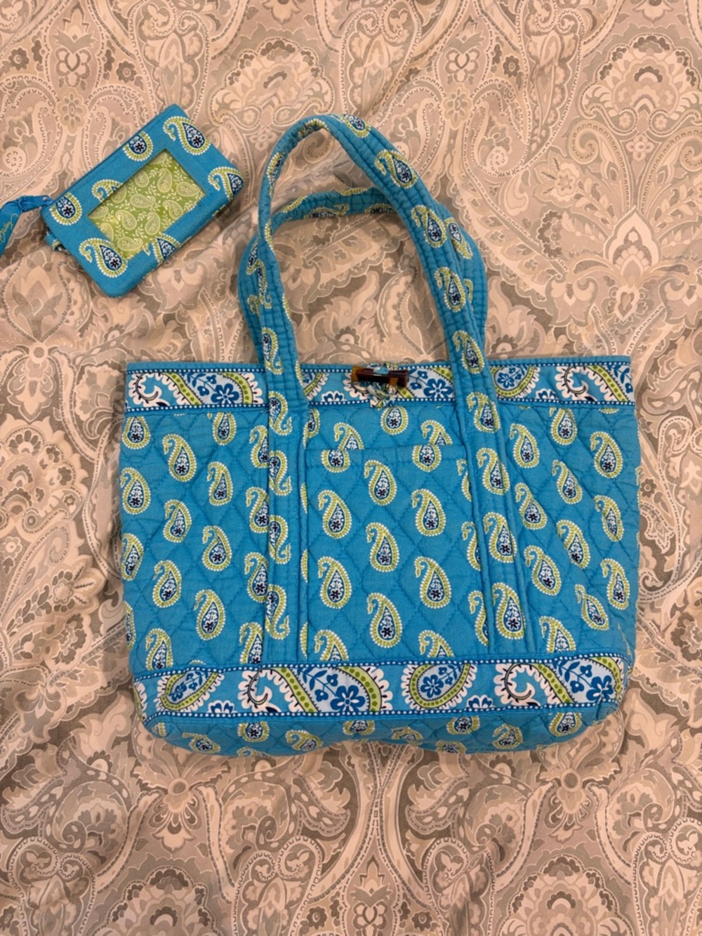 Retired Vera Bradley Bermuda Blue Quilted Tote Bag with Matching ID Holder